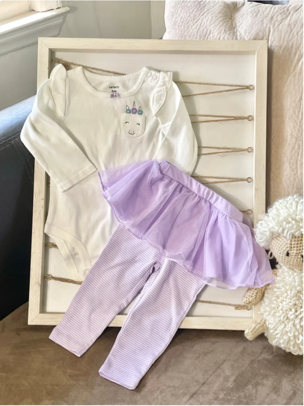 NWT Carter's Baby Girl 2 Piece Set 9M White Purple Unicorn tutu Pants